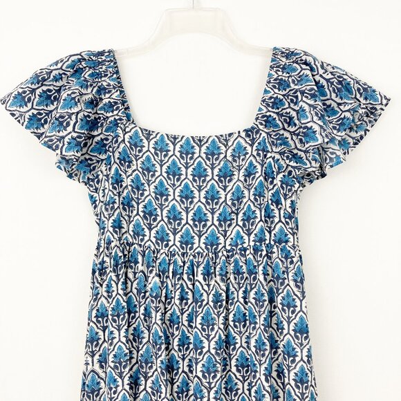 Saule Parc Milly Dress Size XS Blue Block Print Cotton Flutter Sleeves Eyelet - Picture 3 of 11